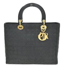 CHRISTIAN DIOR Lady Cannage Tote Hand Bag Nylon Leather Black GHW Italy 73FC009